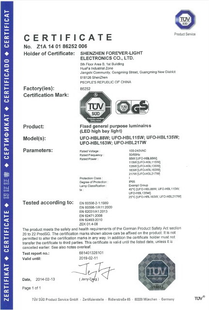 CREE LED high bay light passed TUV (GS, CE) certificate